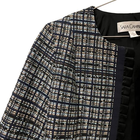 Sara Campbell Women’s Navy Tweed w fuax leather Ruffle Trim Blazer 10 - Picture 3 of 7